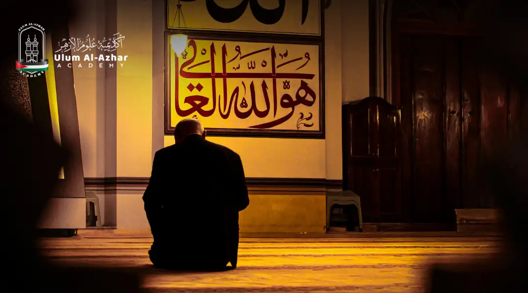  A Muslim man performing Tahajjud prayer inside a mosque at night.