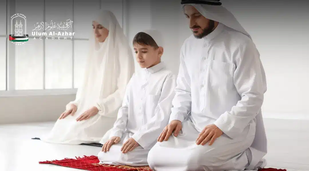 A Muslim family cooperates in obedience during Ramadan and prays together in congregation. 