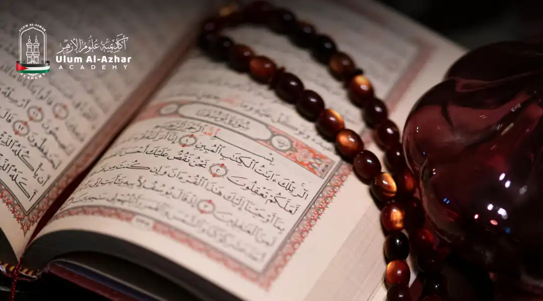 Open Quran with prayer beads on top, symbolizing repentance, forgiveness, and remembrance of Allah 