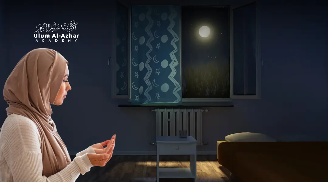 Wanita Muslimah berdoa khusyuk dalam cara sembahyang tahajud