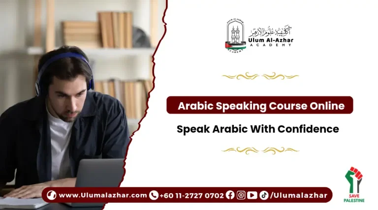 Student learning arabic speaking course online with headset