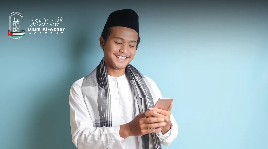 seorang Muslim mencari takbir raya lirik dalam teks Arab di telefon