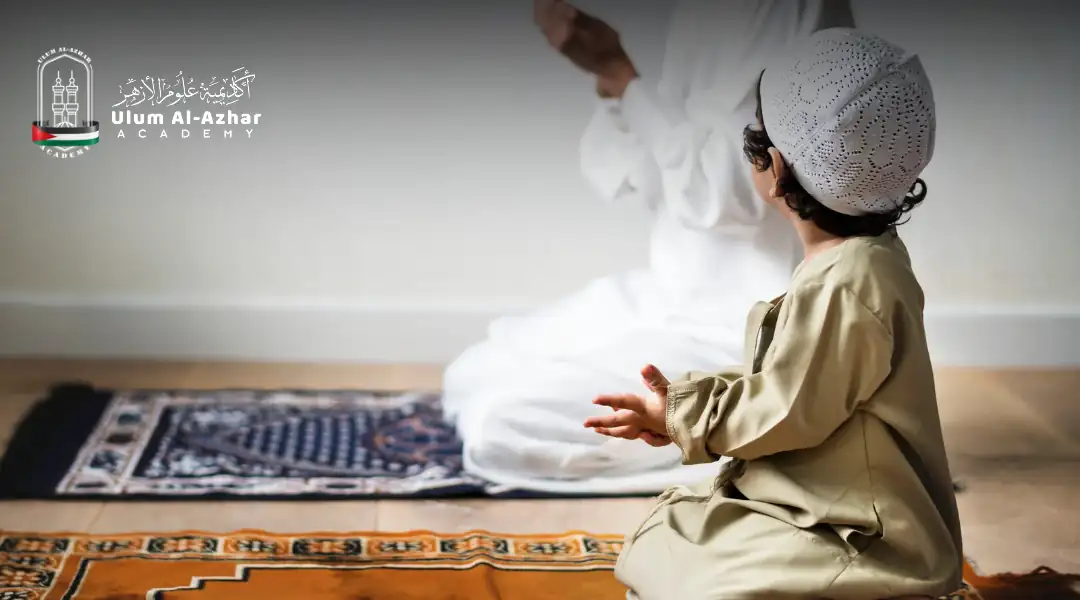 Father teaching step by step prayer in islam to his son